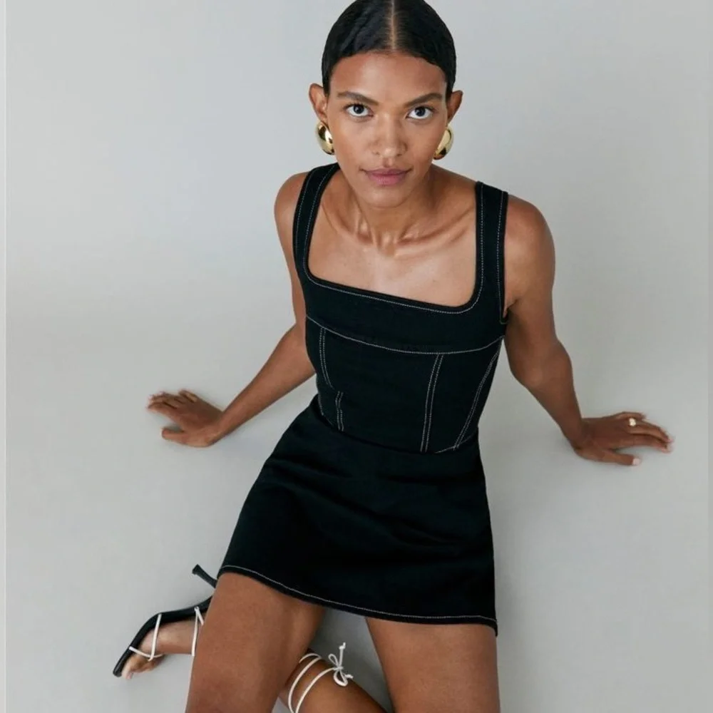 Reformation Davies bustier corset denim little black mini dress size 2 - Picture 2 of 8